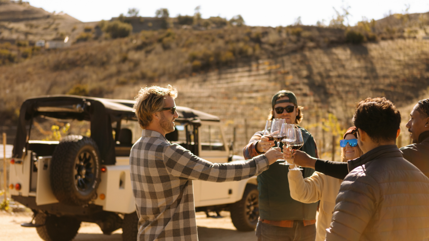 group of people on an off-road adventure wine tour in malibu