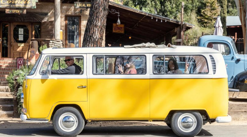 group explore malibu wine country in a vw bus