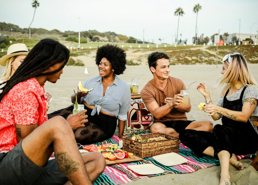 Friends having a picnic at the beach